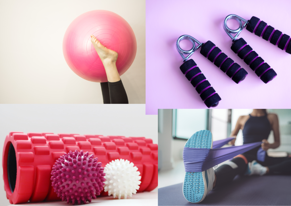 Pilates ball, trigger point foam roller and massage balls, elastic bands, grip strenghtener.