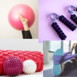 Pilates ball, trigger point foam roller and massage balls, elastic bands, grip strenghtener.