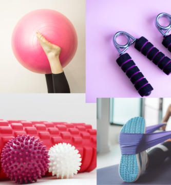 Pilates ball, trigger point foam roller and massage balls, elastic bands, grip strenghtener.