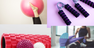 Pilates ball, trigger point foam roller and massage balls, elastic bands, grip strenghtener.